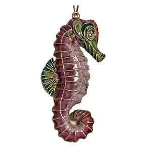Vtg Cloisonne Enamel SEA HORSE Ornament Purple Green Gold Trim Decorative Art